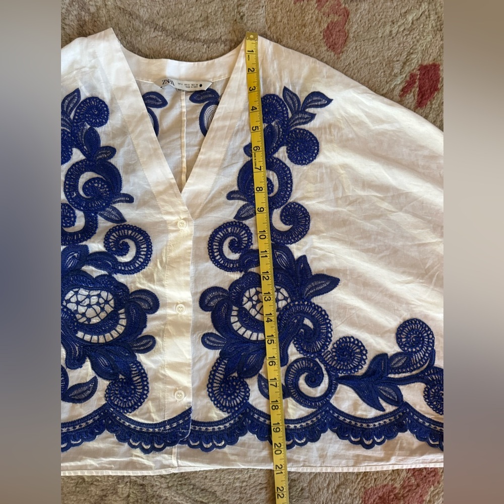 Zara Contrast Embroidered Batwing Mediterranean Small Cotton Button Up Blue - Picture 5 of 9